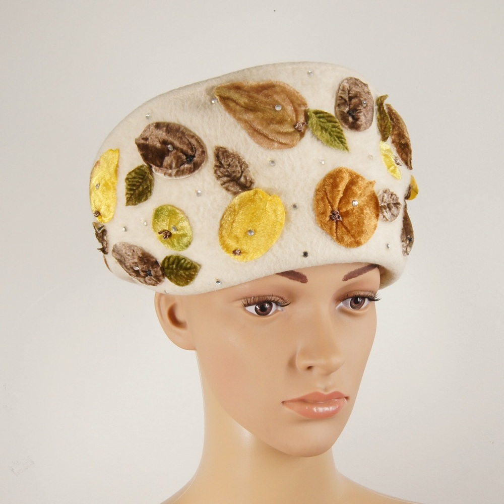 Vintage 40s50s Teddy Wool Felt Botanical Rhinestone Adorned White Soutache Hat